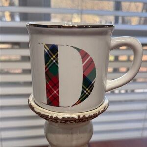 Pottery Barn White Ceramic Mug with Plaid 'D' and Gold Trim